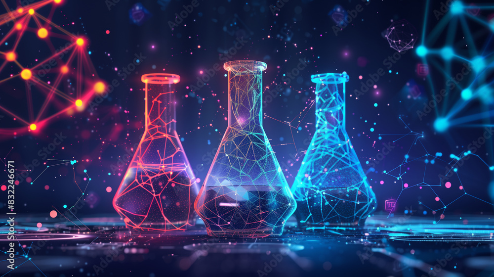 Digital chemical flasks with glowing network connections in a futuristic lab Digital chemical flasks with glowing network connections in a futuristic lab