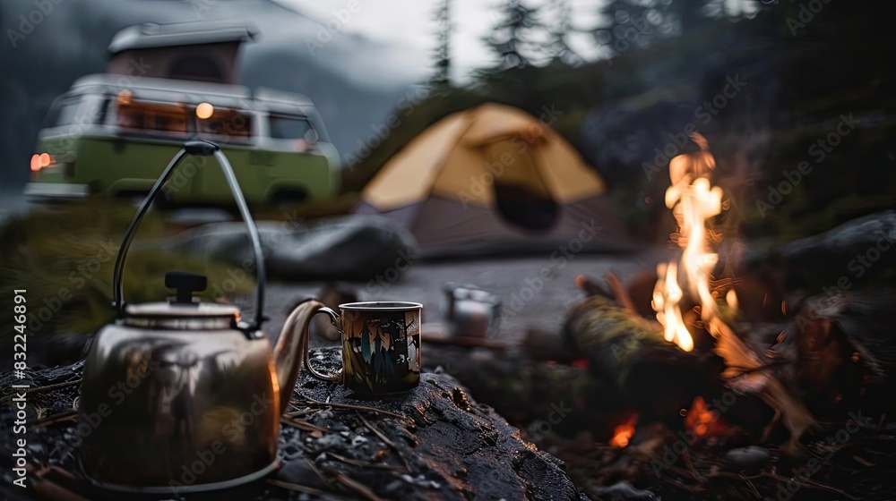 Cozy camp setup with kettle and cup near bonfire, van, and tent in forest. Perfect for outdoor adventure, travel, and nature enthusiasts.