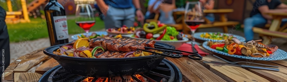 A lively outdoor barbecue party with delicious grilled food, wine, and friends enjoying a summer evening.