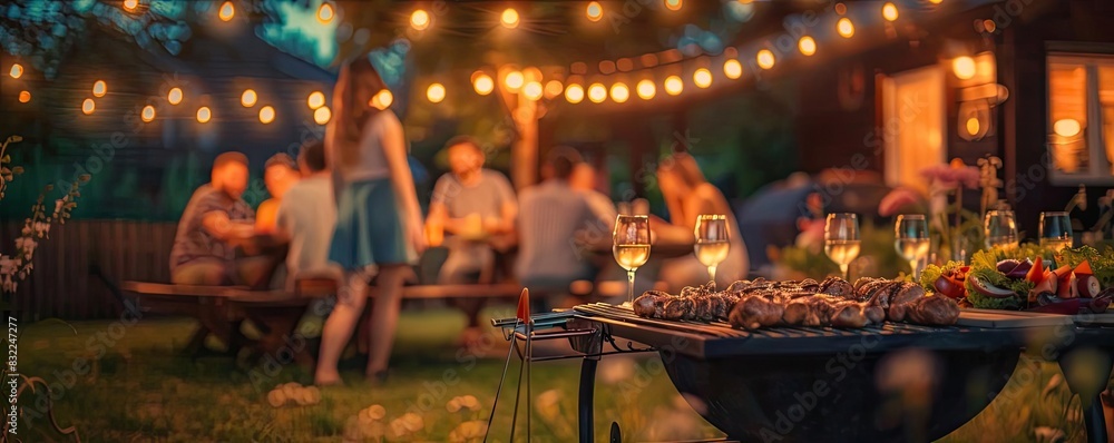 A cozy backyard barbecue gathering with friends, featuring grilled food, string lights, and a festive atmosphere in the evening.