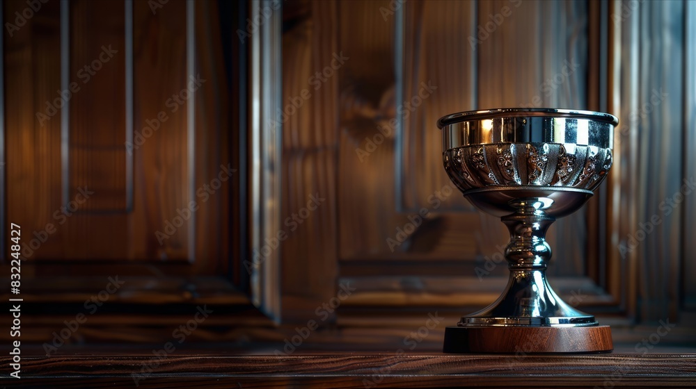 Elegant silver trophy gleaming against sophisticated dark wooden panel background Elegant silver trophy gleaming against sophisticated dark wooden panel background