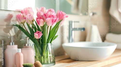 Pink tulips and bathroom essentials placed next to sink in a vase