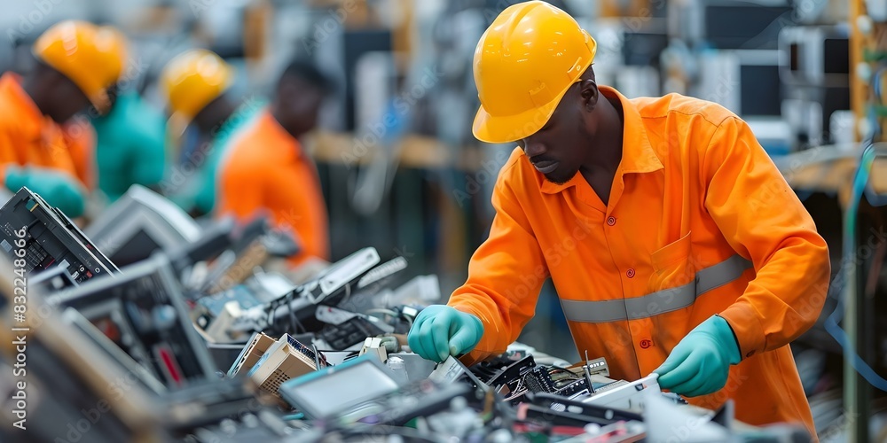 Workers sorting and dismantling used electronics at an ewaste recycling ...