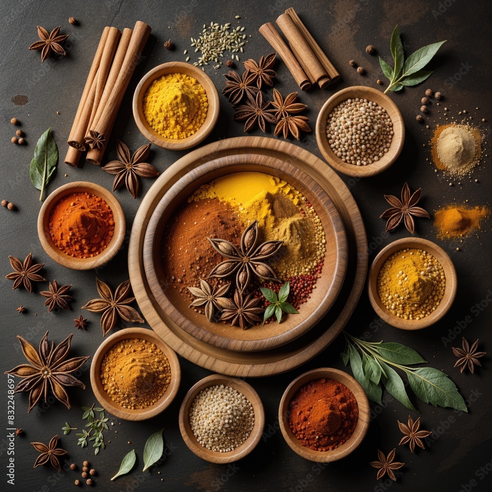 Set of exotic spices on a tray. Set of exotic spices on a tray.