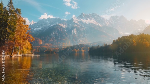 Spectacular Sunrise at Eibsee Lake with Zugspitze Mountain Range - Autumn Beauty in Bavarian Alps, Germany, Europe