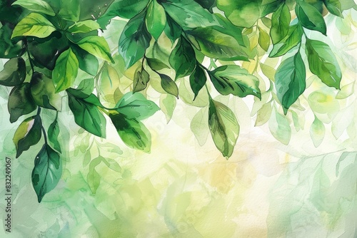 a Watercolor waterpaint adorned with defocused green leaves and yellow leaves arrangement for banner advertisement, adding a touch of allure and vibrancy to marketing visuals. photo