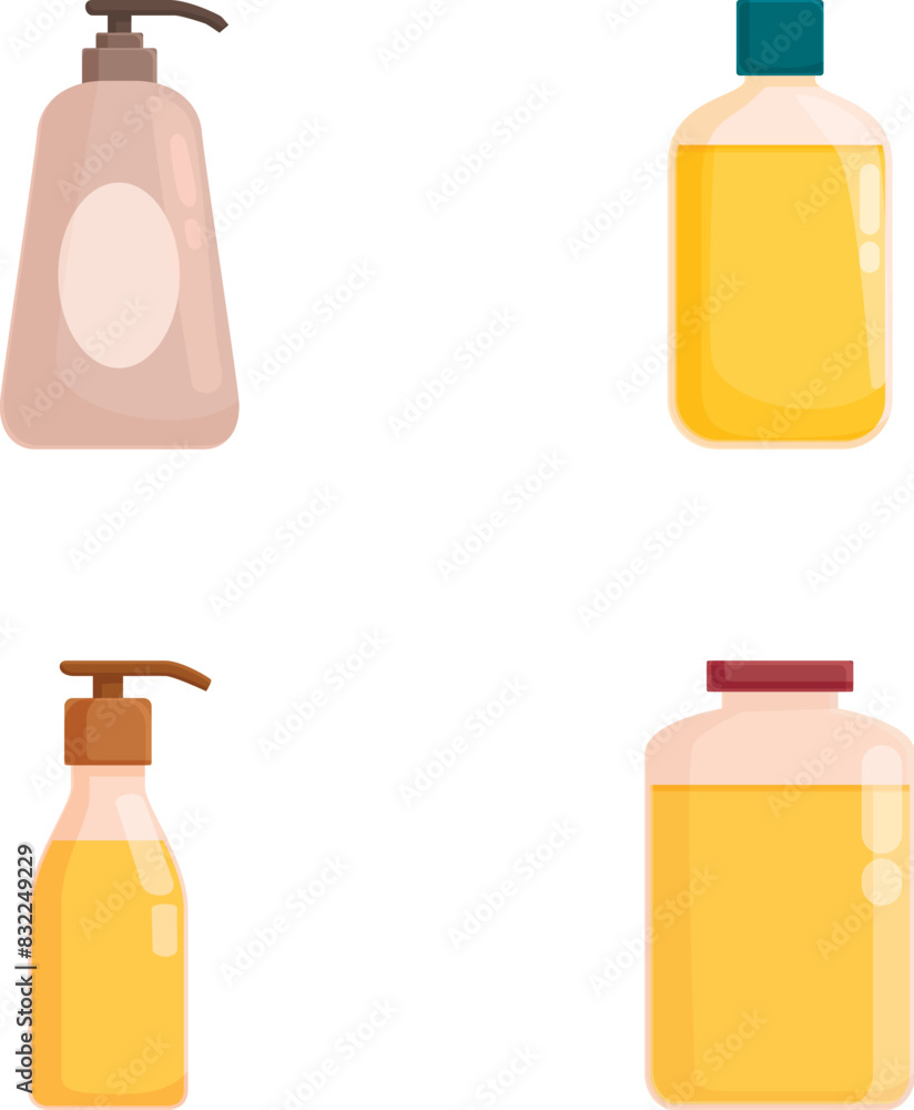 Collection of various liquid soap, dispenser, and shampoo bottles in a flat design Collection of various liquid soap, dispenser, and shampoo bottles in a flat design