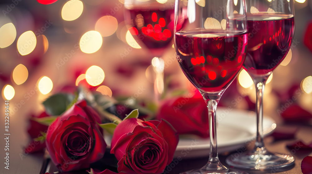 A romantic dinner setting with red roses and wine glasses, perfect for Valentine's Day celebration A romantic dinner setting with red roses and wine glasses, perfect for Valentine's Day celebration