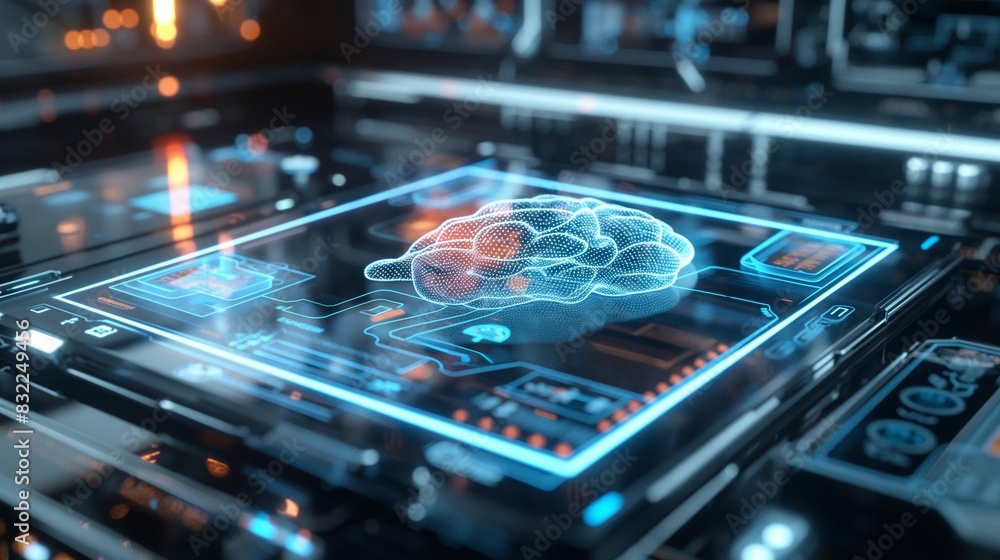 A high-tech neuro-modulation device, part of a neural implant system, displayed on a sleek, modern interface with holographic projections of its functions. A high-tech neuro-modulation device, part of a neural implant system, displayed on a sleek, modern interface with holographic projections of its functions.