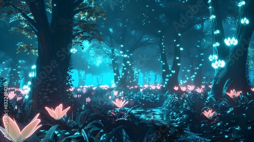 Glowing Enchanted Forest at Nighttime with Magical Lighting and Atmosphere