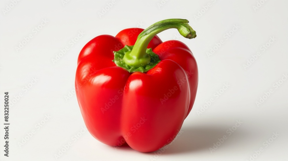 Single crisp red bell pepper with green stem on a white background shot from a side angle Single crisp red bell pepper with green stem on a white background shot from a side angle