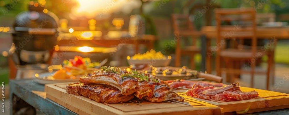 A beautifully set outdoor barbecue with fresh meat and vegetables on a wooden table, perfect for a summer evening meal at sunset.