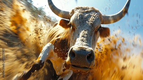 A close-up action shot of a bull charging forward with water and mud splashing around its face