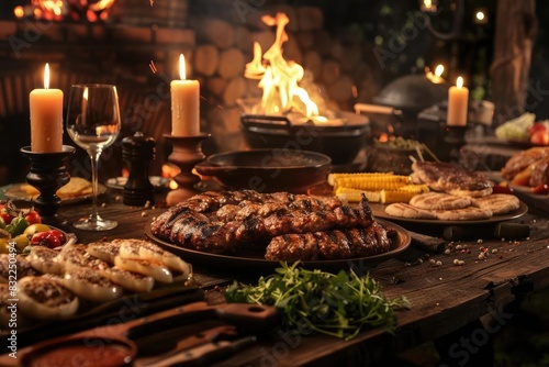 Cozy rustic dining setup with grilled meat, vegetables, bread, and candles by a fireplace. Perfect for intimate gatherings and hearty meals.