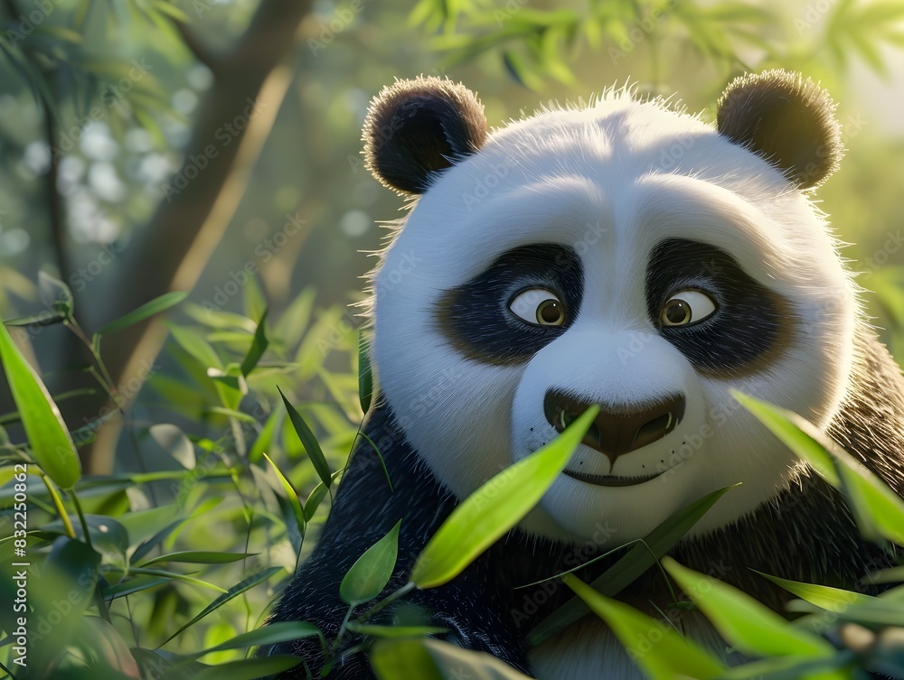 Curious Panda Bear Resting in Lush Bamboo Forest Curious Panda Bear Resting in Lush Bamboo Forest