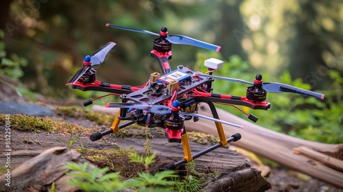 A hobbyista??s racing drone navigating through a custom-made obstacle course in a forest, equipped with high-speed rotors and streamlined aerodynamics. photo