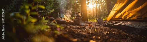 Sunset view of a campsite in the forest with a tent, campfire, and gear, creating a warm and peaceful outdoor adventure atmosphere.