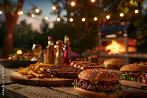 Outdoor barbecue with grilled burgers, steaks, and fries on a wooden table, illuminated by string lights and a warm fire in the background.
