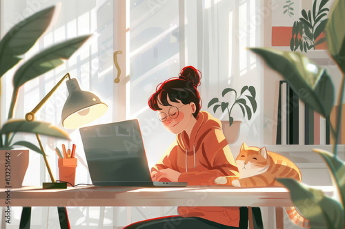Cute illustration of girl with laptop at home with cat. Freelance or studying concept.