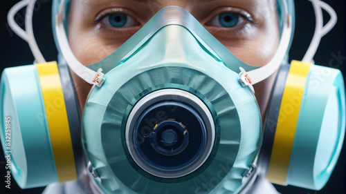 Close-up of a respiratory mask worn by individuals to protect against airborne viruses, symbolizing the precautions taken in the face of biological threats, Generative AI