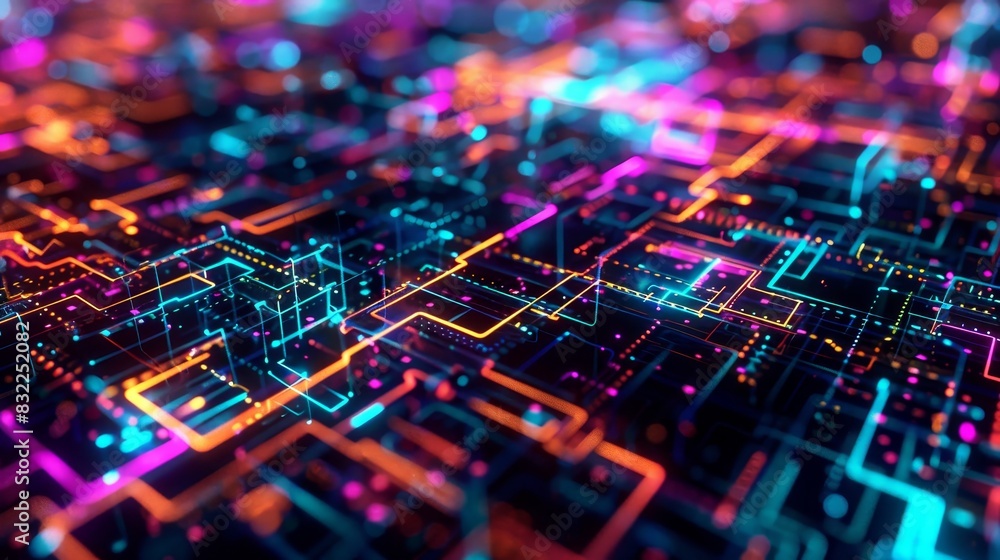 Abstract digital circuit board with vibrant colors, representing advanced technology and futuristic innovation in electronic design. Abstract digital circuit board with vibrant colors, representing advanced technology and futuristic innovation in electronic design.