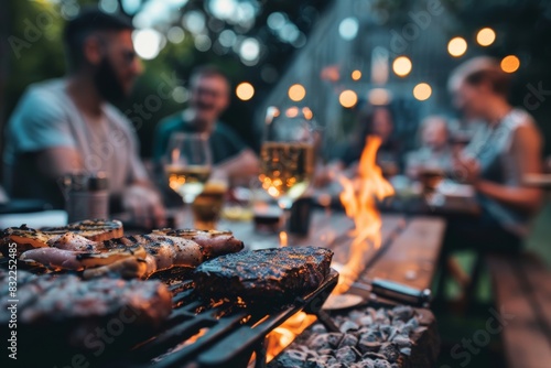 Enjoy the vibrant atmosphere of an outdoor party where a group of people is grilling barbecues under the warm glow of tungsten bulb lights, creating a lively and cozy Twilight time gathering. photo