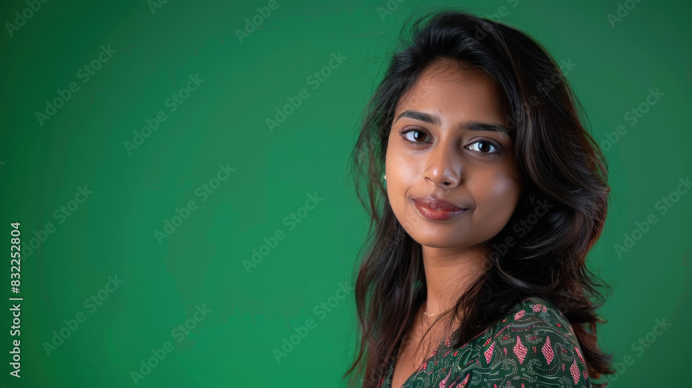 young indian woman standing on green background young indian woman standing on green background