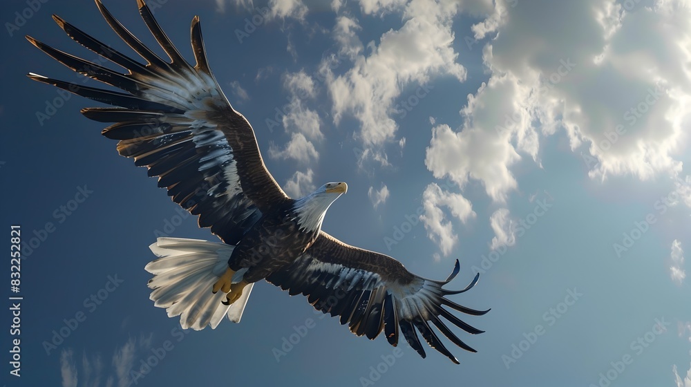 Fototapeta premium Majestic Bald Eagle Soaring Gracefully Against Dramatic Cloudy Sky