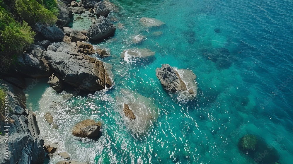 Aerial View of Tropical Sea with Waves Crashing on Rocky Coastline in Phuket, Thailand - Stunning Nature Background Aerial View of Tropical Sea with Waves Crashing on Rocky Coastline in Phuket, Thailand - Stunning Nature Background