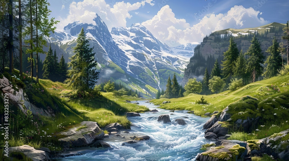 Vivid Swiss Landscape Featuring a Clear River Stream Surrounded by Lush Greenery