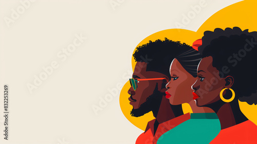 Illustration honoring juneteenth with stylized afro-american profiles representing strength, unity, and the significance of freedom day