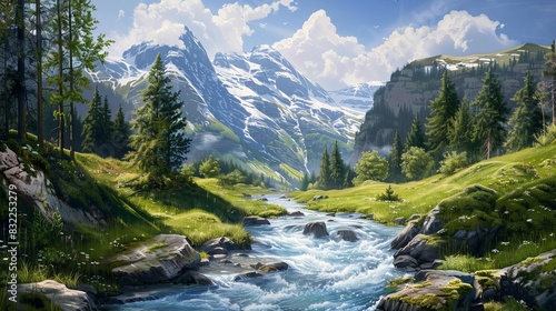 Vivid Swiss Landscape Featuring a Clear River Stream Surrounded by Lush Greenery © Nazia