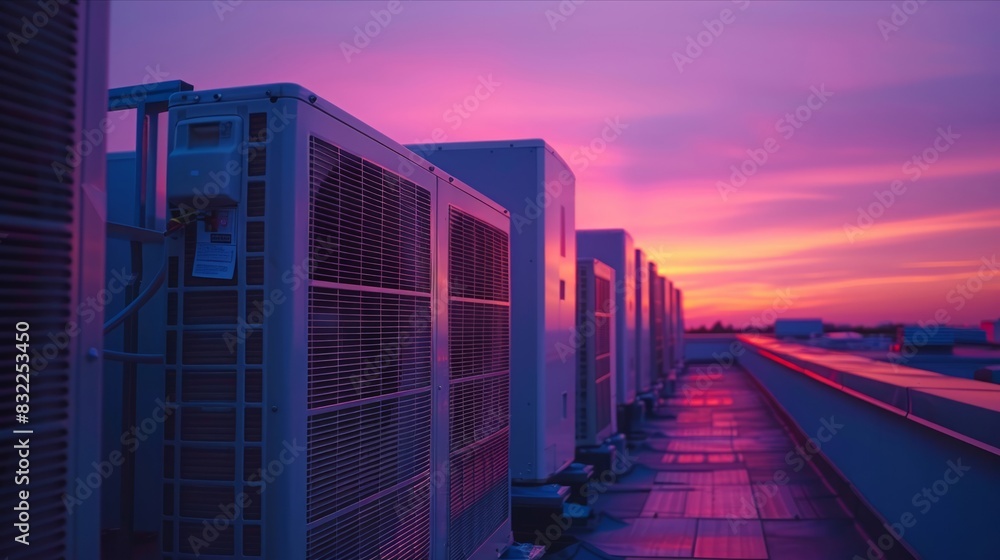 Rooftop air conditioning units at sunset with soft pastel sky in background Rooftop air conditioning units at sunset with soft pastel sky in background