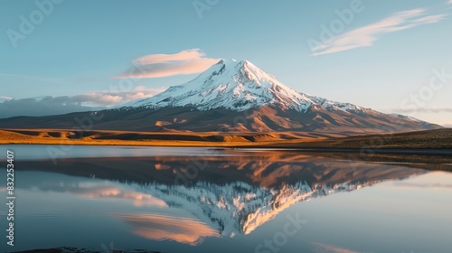 Serene Sunrise  Volcanic Mountain Reflecting in Tranquil Lake Waters - Nature s Beauty at Dawn