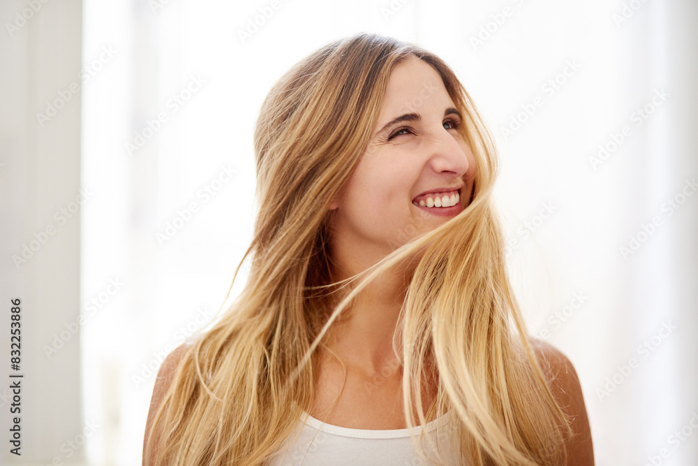 Hair care, woman and smile in bathroom for growth, result and keratin treatment at home. Female person, happy and salon style in house for fashion, cosmetics and luxury products for balayage Hair care, woman and smile in bathroom for growth, result and keratin treatment at home. Female person, happy and salon style in house for fashion, cosmetics and luxury products for balayage