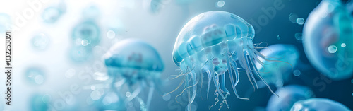 Luminous jelly fish like creatures floating in an underwater marine life background photo