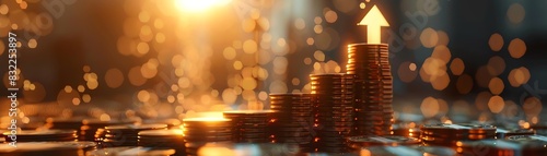 Revenue Growth A sleek 3D arrow rising above stacks of money, bathed in warm, glowing light photo