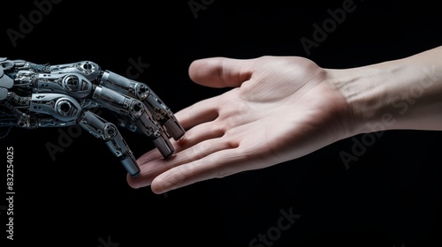 Close-up of human and robotic hands about to make contact, blending technology and humanity