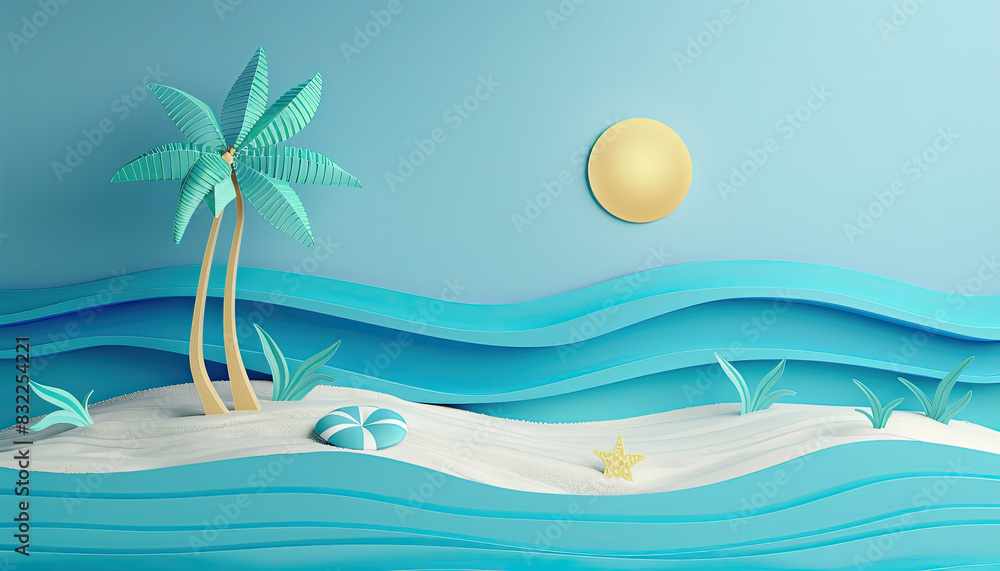 A paper drawing of a beach scene with palm trees and a large sun in the sky by AI generated image