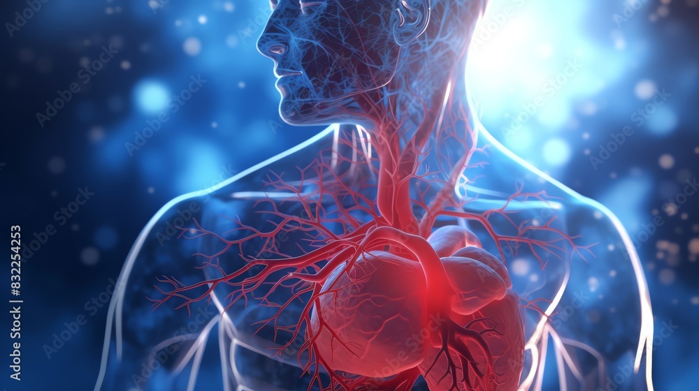 Human circulatory system, highlighting veins and heart anatomy against a blue abstract background with glowing effects. Human circulatory system, highlighting veins and heart anatomy against a blue abstract background with glowing effects.