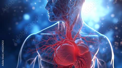 3D rendering of human circulatory system, highlighting veins and heart anatomy against a blue abstract background with glowing effects. photo