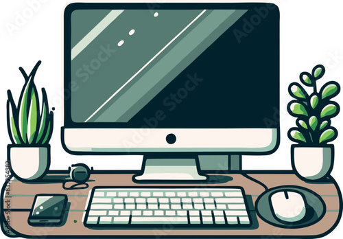 computer monitor with screen and keyboard