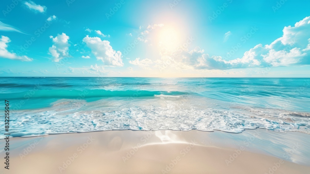 Clean sunny summer beach background. A horizontal banner with a summer ocean, sea, sun, clouds, waves.