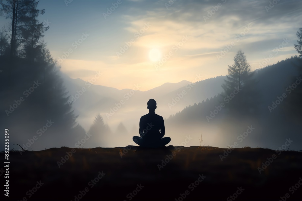 Silhouette of a person meditating on a mountaintop at sunrise with misty mountains in the background, creating a serene and peaceful atmosphere. Silhouette of a person meditating on a mountaintop at sunrise with misty mountains in the background, creating a serene and peaceful atmosphere.