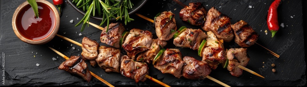 Delicious grilled meat skewers served with herbs and a side of dipping sauce on a slate platter, perfect for a gourmet meal.