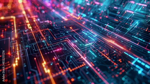 Futuristic digital circuit board with glowing neon lights illustrating modern technology and the concept of data processing and connectivity.