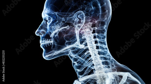 Side view of a human head and neck X-ray showing detailed skeletal structure including the skull and cervical spine. photo