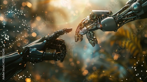 The technological transition is vividly captured as a human and robot hand connect in the metaverse, highlighting the evolving relationship between man and machine. photo