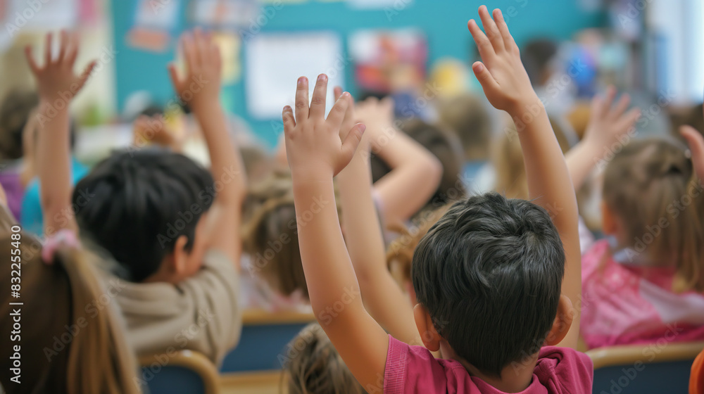 Image capturing the moment as eager young children in a classroom raise their arms high to participate in a lesson or activity Image capturing the moment as eager young children in a classroom raise their arms high to participate in a lesson or activity