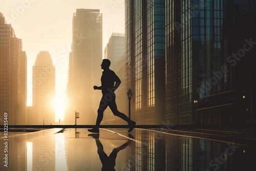 Silhouette of a person jogging in a cityscape at sunrise  reflecting the morning light off the buildings and street.